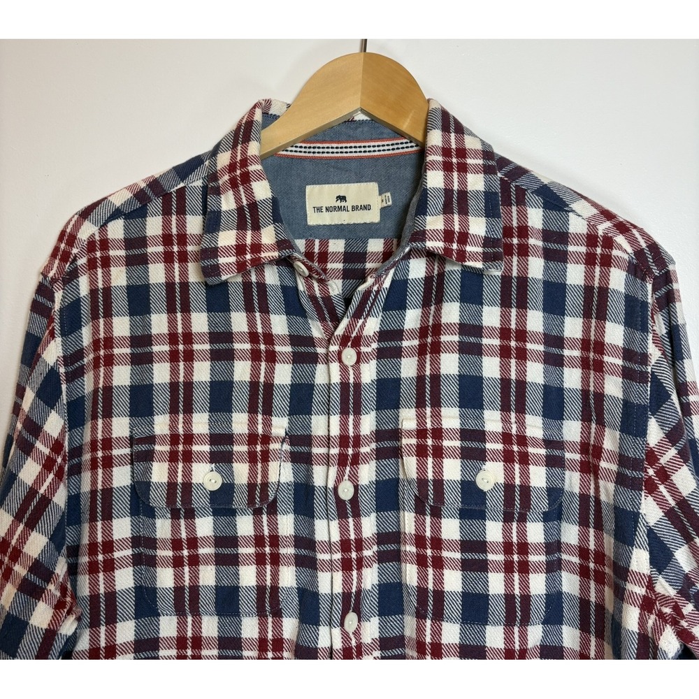 The Normal Brand Mens Plaid Flannel Button Down Shirt Red Navy Blue White Size M